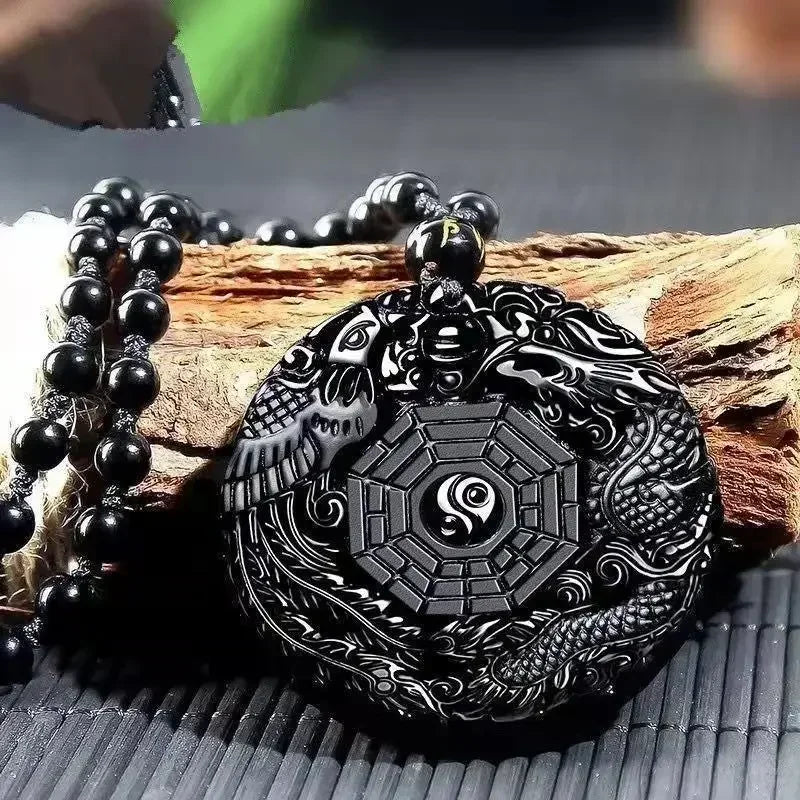 Obsidian Gossip Pendant Necklace Carving Dragon and Phoenix Shape Lucky Amulet Jewelry Six-Character Mantra Pearl