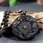 Obsidian Gossip Pendant Necklace Carving Dragon and Phoenix Shape Lucky Amulet Jewelry Six-Character Mantra Pearl