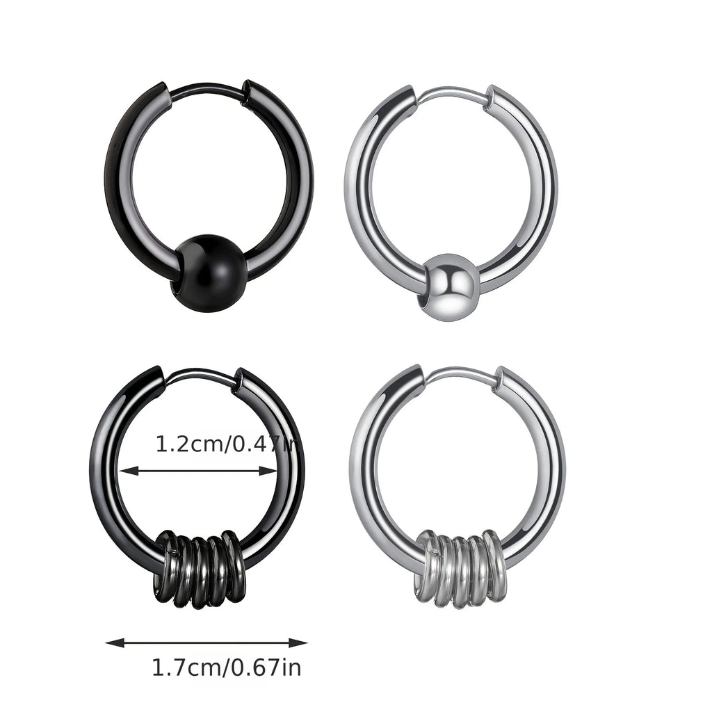 2pcs Stainless Steel Hoop Earrings For Men Small Circle Metal Ball Anti-allergic Ear Buckle Rock Hip Hop Artificial