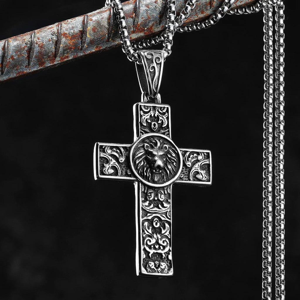 Lion Carving Flowers Cross Men Necklaces Stainless Steel Pendant Chain Women Fashion Jewelry Punk Accessories Gifts
