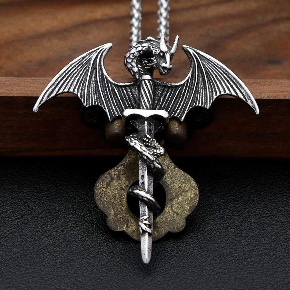 Fashion Flying Dragon Necklace Stainless Steel Punk Sword Pendant Necklace For Men Unique Amulet Jewelry Gift