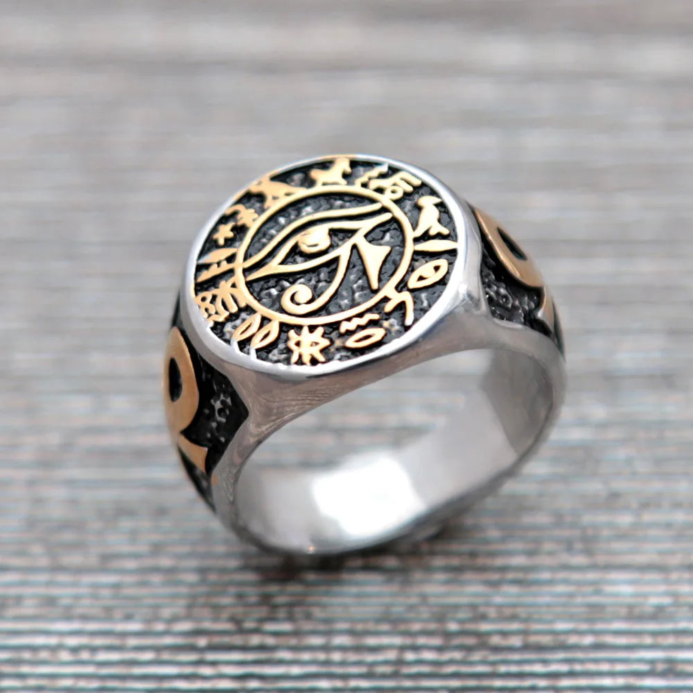 Vintage Egyptian Eye of Horus Ring Mysterious Ancient Egypt Text Symbol Ankh Rings for Men Stainless Steel Punk Jewelry