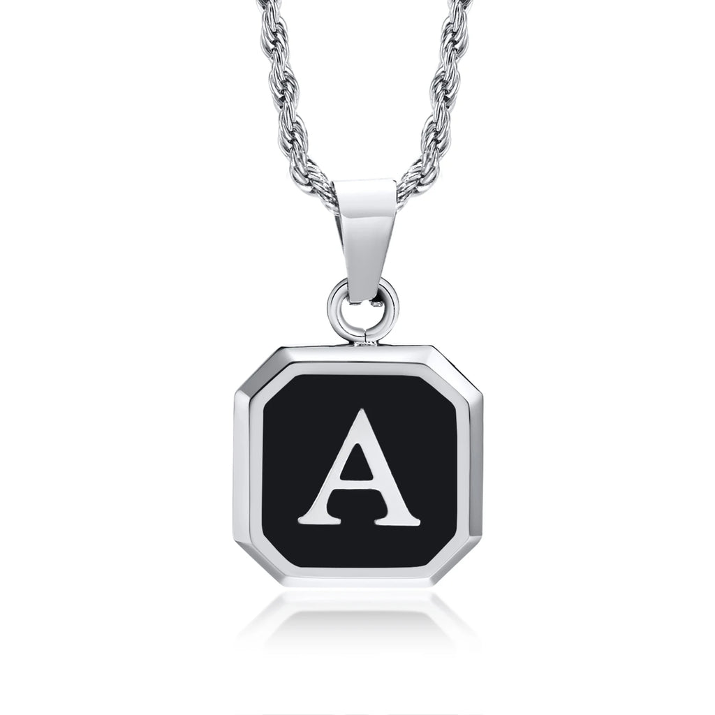 Initials Necklaces for Men Women,A-Z 26 Letters Black Square Stainless Steel Pendant Collar,45-60CM Twisted Rope Chain