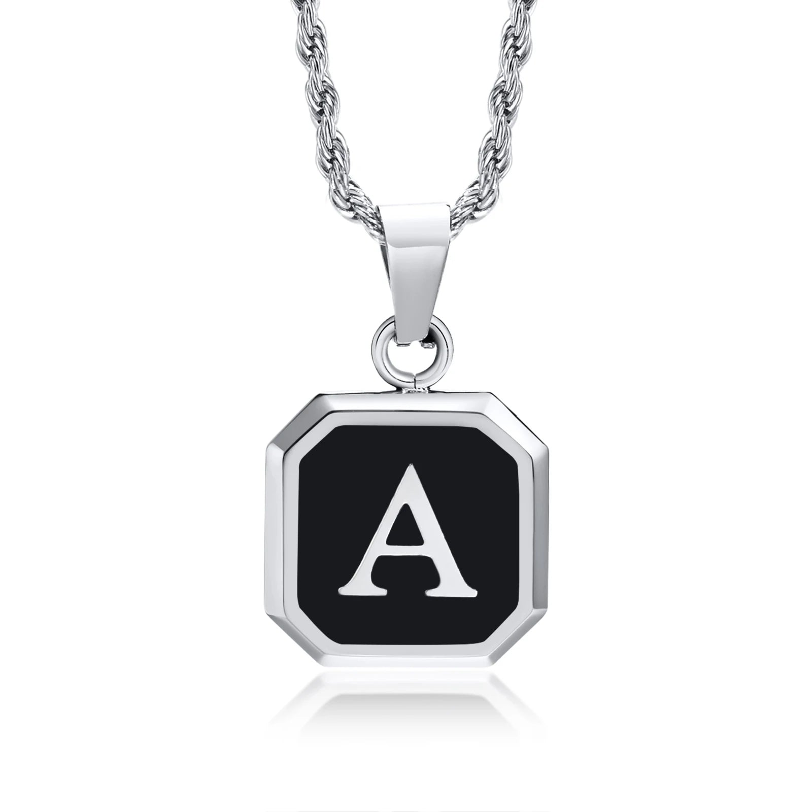 Initials Necklaces for Men Women,A-Z 26 Letters Black Square Stainless Steel Pendant Collar,45-60CM Twisted Rope Chain