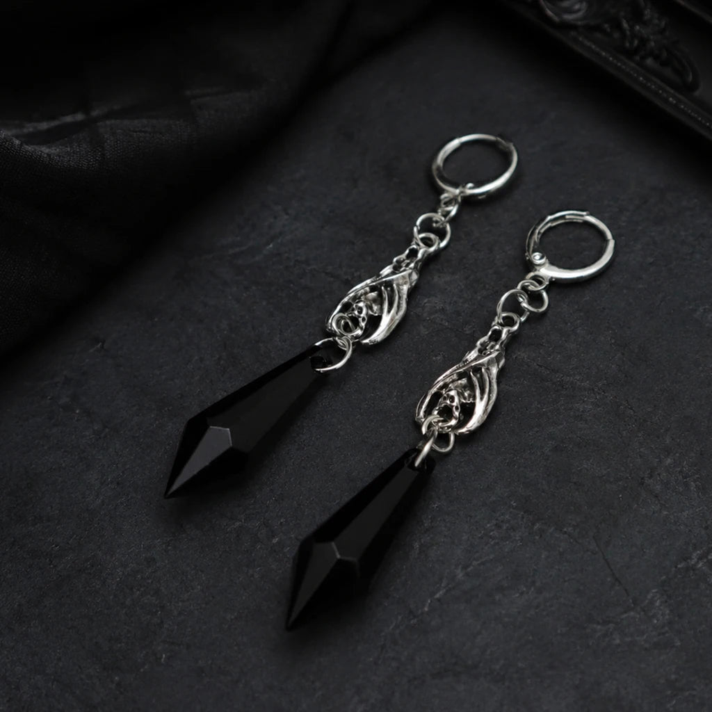 Gothic Bat Dangle Hoop Earrings Black Crystal Spike — Silver-Tone