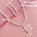 Buddhist Beads Chain Cross Pendant Necklace — Silver-Tone 6mm