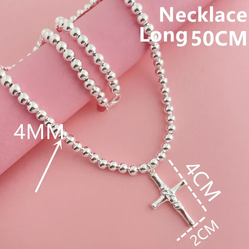 Buddhist Beads Chain Cross Pendant Necklace — Silver-Tone 6mm