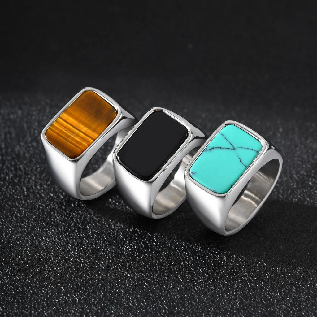 Vnox Stainless Steel Square Natural Stone Ring for Men Boys, Turquoise Tiger Eye Thumb Rings for Men, 12.8mm Width Signet Ring