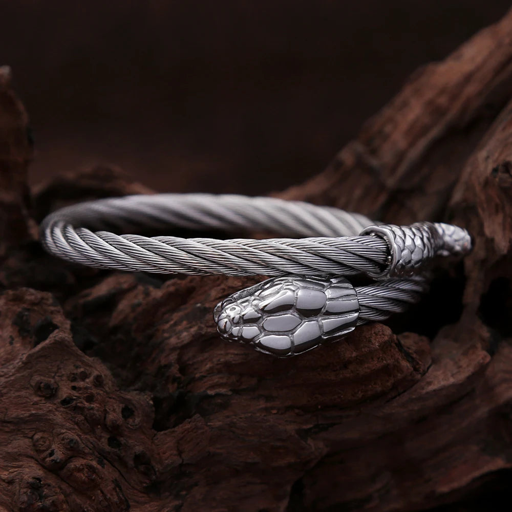 Vintage Nordic Viking Stainless Steel Snake Head Bracelet For Men Boys Rock Hip Hop Animal Bracelets Punk Charm Fashion