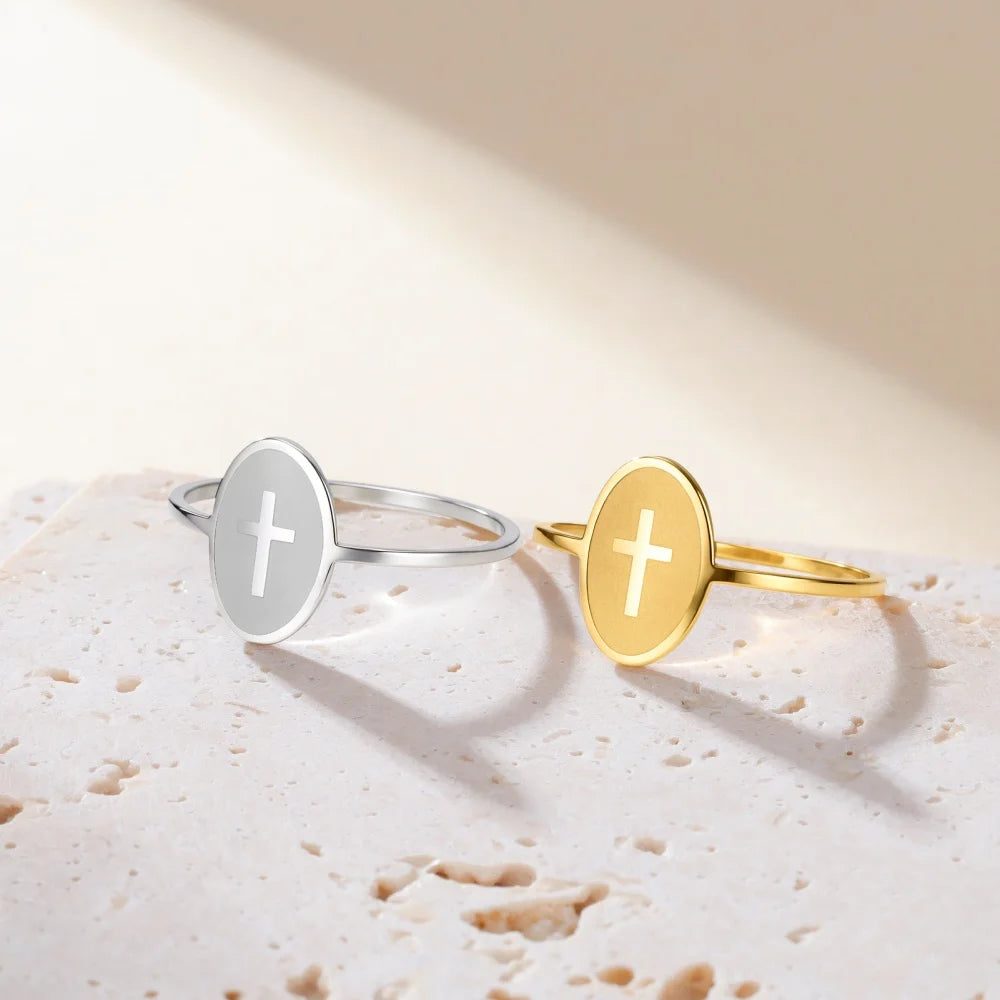 Skyrim Cross Oval Ring Women Men Stainless Steel Simple Couple Rings Hip Hop Religious Christian Jewelry Gifts