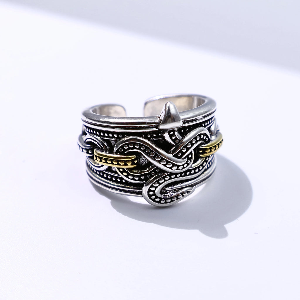 Retro Chained Snake Adjustable Open Ring For Men Silver-plated Copper Gothic Punk Edgy Indie Jewelry Niche Accessories