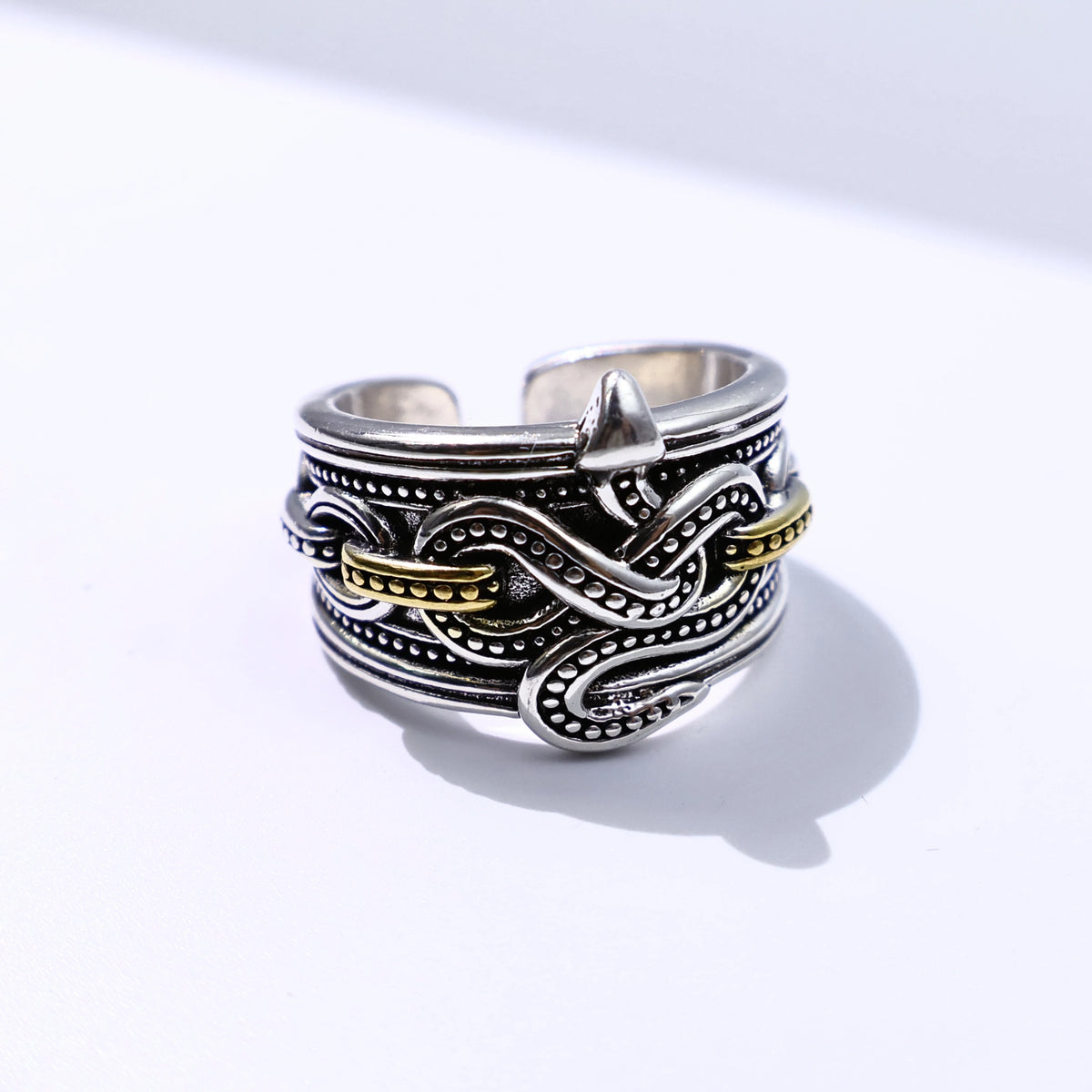 Retro Chained Snake Adjustable Open Ring For Men Silver-plated Copper Gothic Punk Edgy Indie Jewelry Niche Accessories