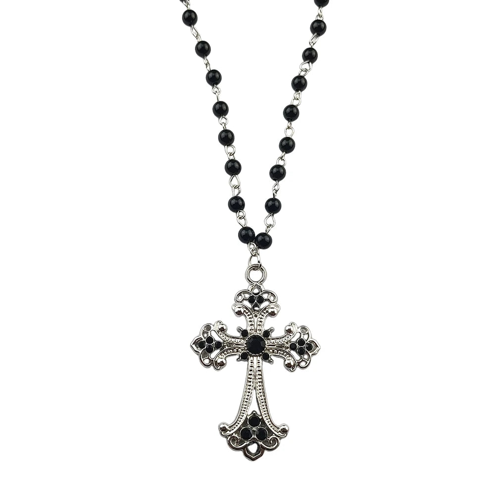 Gothic Bat Cross Rosary Necklace for Women Fashion Mystery Witch Jewelry Accessories Gift Silver Color Bat Charm Vampire Choker