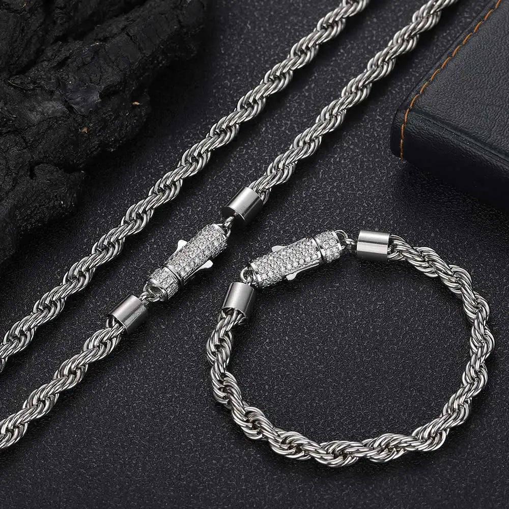 6mm Stainless Steel Rope Chain Necklace With Iced Out CZ Clasp Hip Hop Link For Women/Men