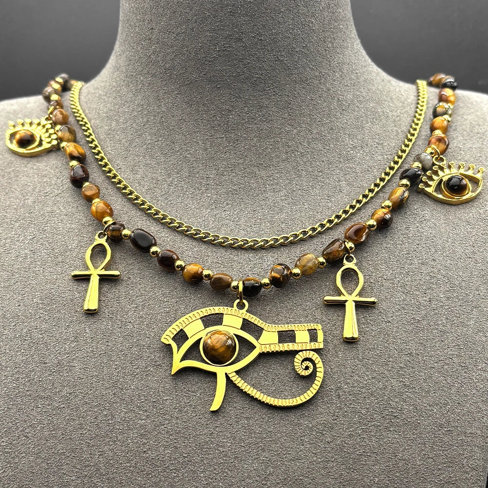 Boho Irregular Tiger Eye Stone Ankh Cross Eye of Horus Evil Eye Stainless Steel Double-layer Choker Necklace Gold Color