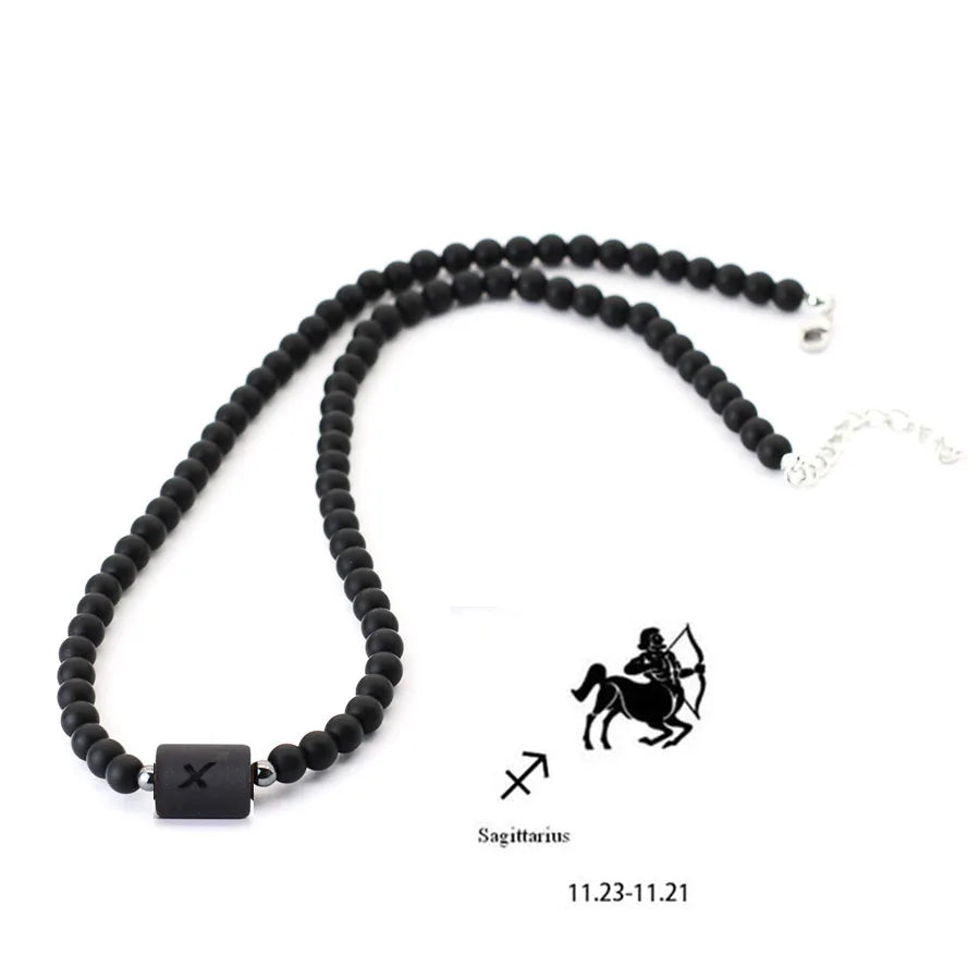 Fashion 12 Constellations Beaded Necklace Men Natural Black Onyx Stone Beads 48cm Short Collar Jewelry Leisure Party Homme Joias
