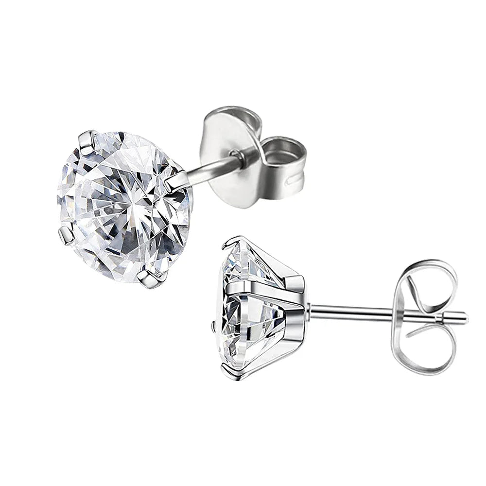 1 Pair 3-8mm Classic Round/Flat Back Screw Stud Earrings for Women/Men Stainless Steel  Shiny Zircon Crystal Piercing Jewelry