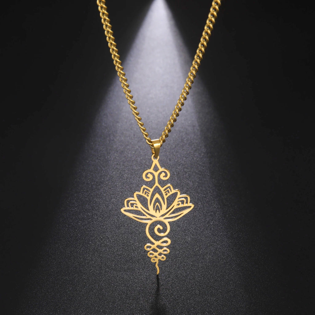 Unalome Lotus Flower Pendant Necklace — Stainless Steel Chain