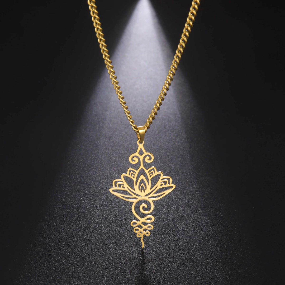 Unalome Lotus Flower Pendant Necklace — Stainless Steel Chain