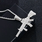 ICED OUT M416 Rifle Pendant Necklace, Hip Hop Military Jewelry, Zircon Gun Charm on Stainless Steel Rope Chain, Men's