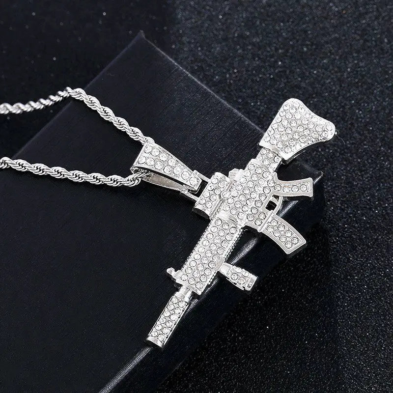 ICED OUT M416 Rifle Pendant Necklace, Hip Hop Military Jewelry, Zircon Gun Charm on Stainless Steel Rope Chain, Men's