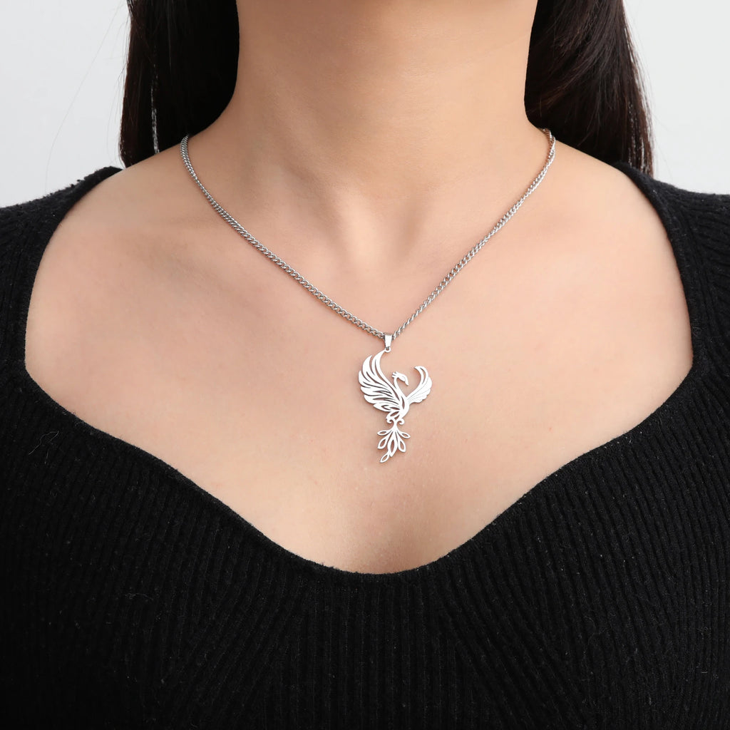 Phoenix Necklace Gift for Woman Men Couple Kid Child Reborn God Bird Supernatural Amulet Pendant Stainless Steel Chain