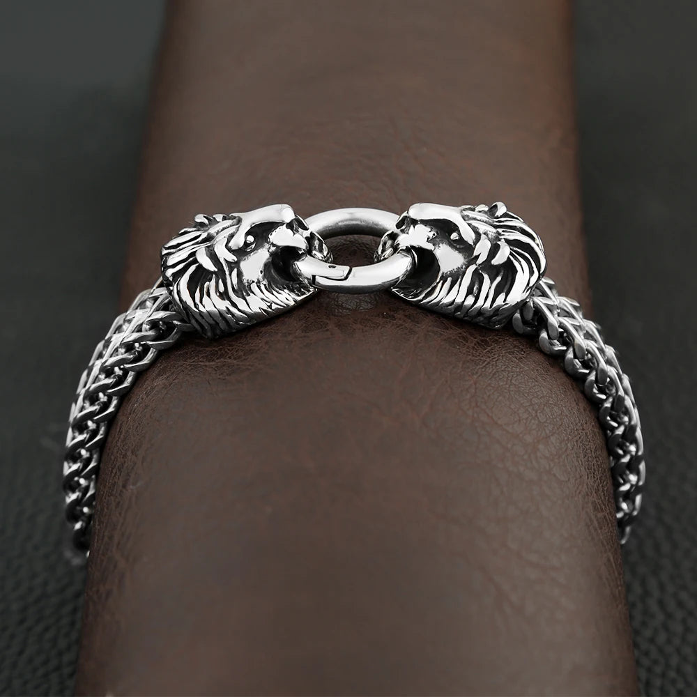Double Lion Head Biker Bracelet — Stainless Steel, 23.5cm