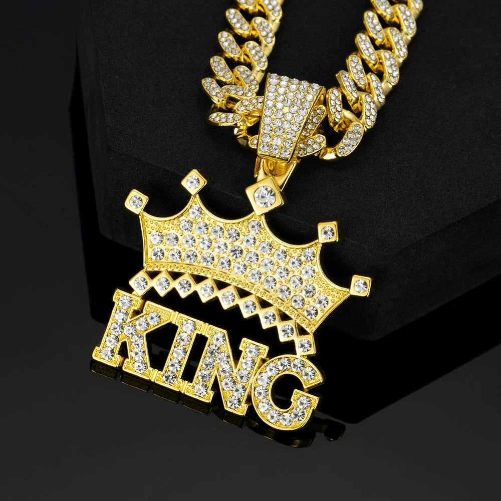 Men Hip Hop Crown with King Pendant Necklace with 13mm Crystal Cuban Chain HipHop Iced Out Bling Necklaces Fashion