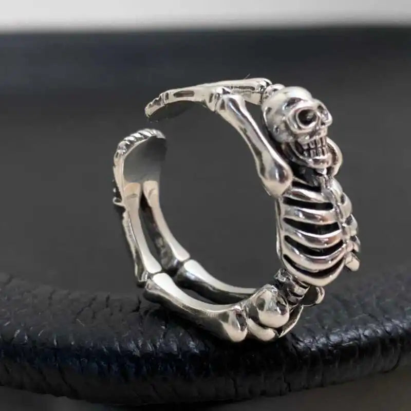 FuGui Vintage Skeleton Skeleton Frame Open Ring Punk Dark Style Cold Exaggerated Unisex Universal Finger Ring Fashion Jewelry