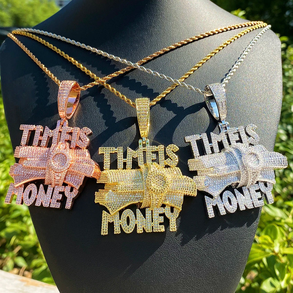 Aokaishen Iced Out Time is Money Necklace Pendant for Men Prong Setting Real Gold Plated Hip Hop Jewelry