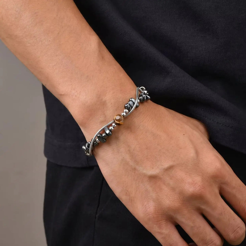 Double-Layer Black Natural Stone Bead Bracelet — Stainless Steel