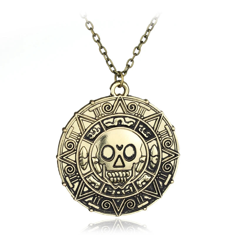 Movie Accessories Akg Pirates Of The Caribbean Aztec Gold Color Coin Necklace Retro Skull Pendant Punk Hip Hop Necklace