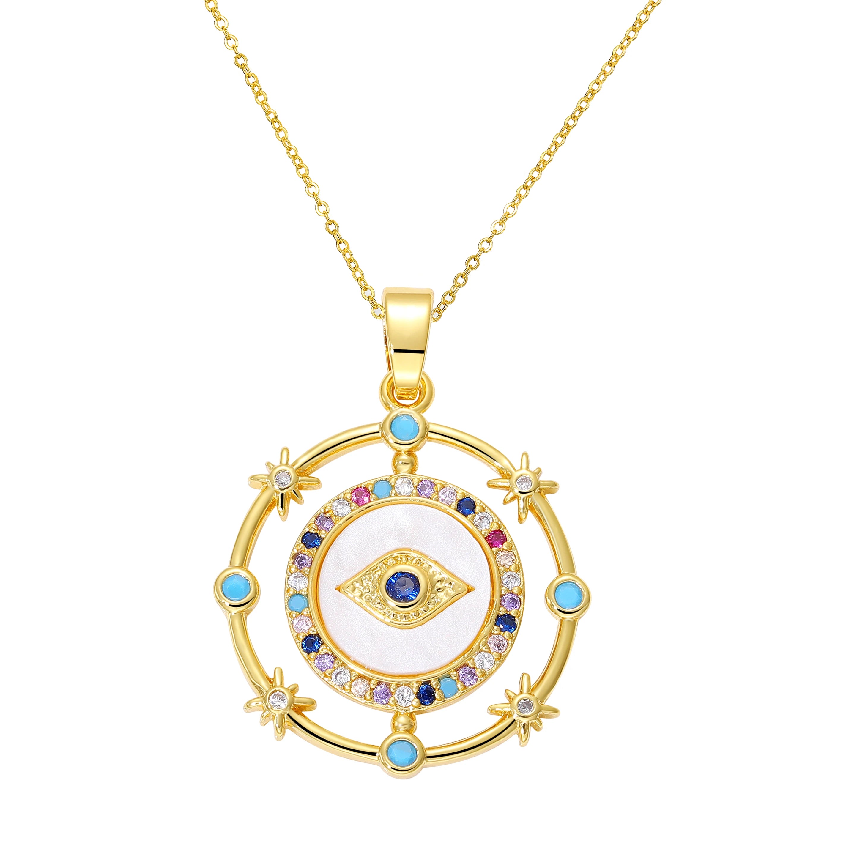 Iced Out Evil Eye Hamsa Hand of Fatima Necklace — Copper Alloy
