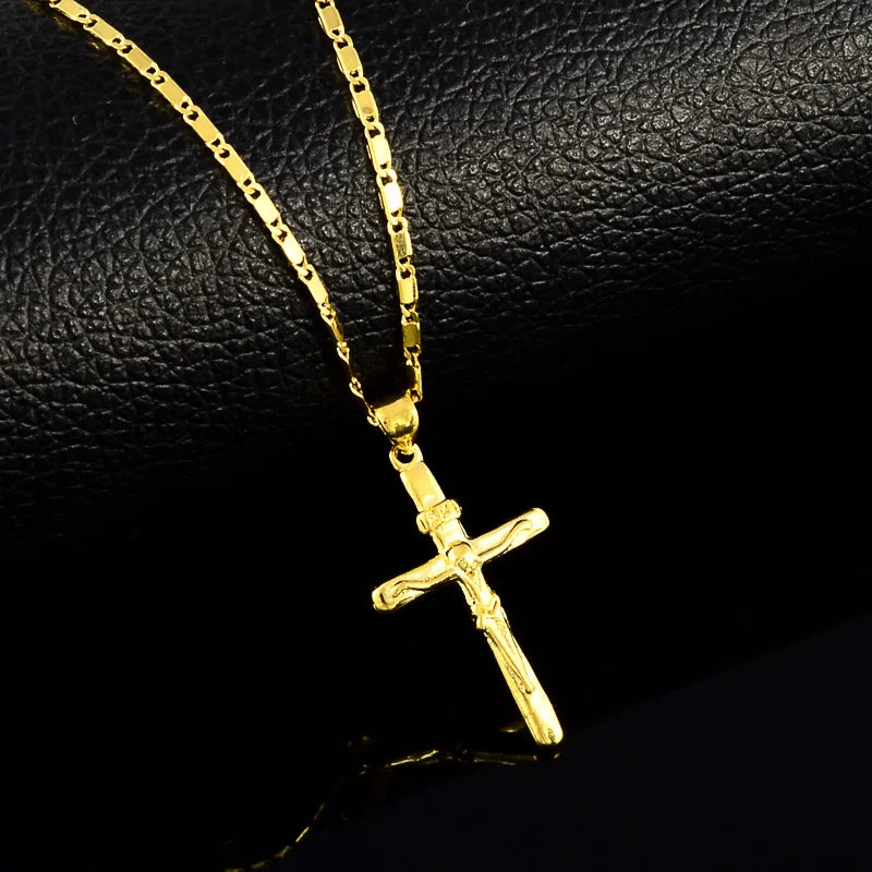 Women's 24K Gold (AU999) Stylish Cross Necklace | Gold-Inlaid Bead Cross, Hammered Space Texture with Rotatable