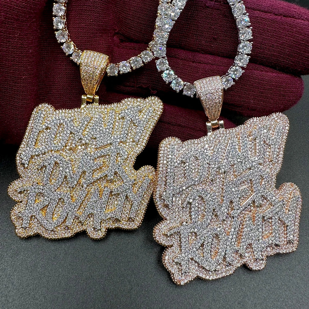 Aokaishen New Iced Out Bling CZ Loyalty Over Royalty Pendant Necklace Cubic Zirconia Two Tone Color Charm Women HipHop Jewelry