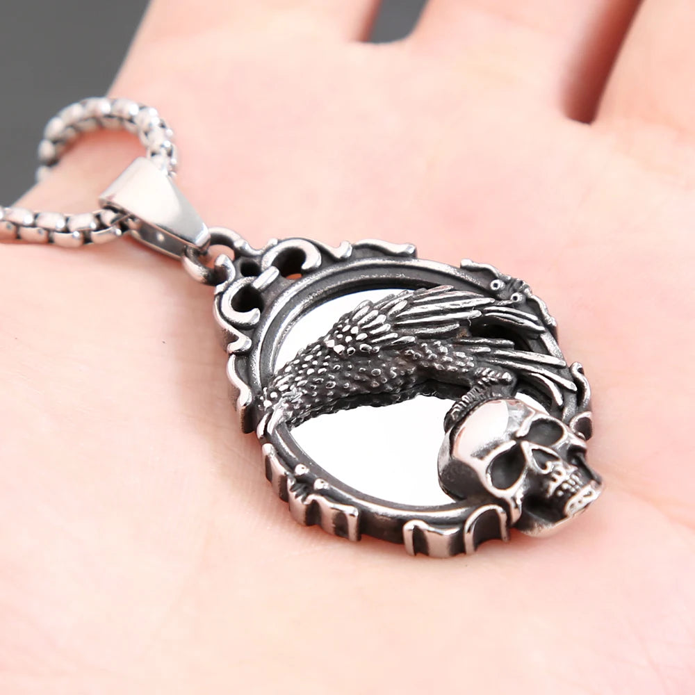 Gothic Crow Skull Stainless Steel Pendant Necklace