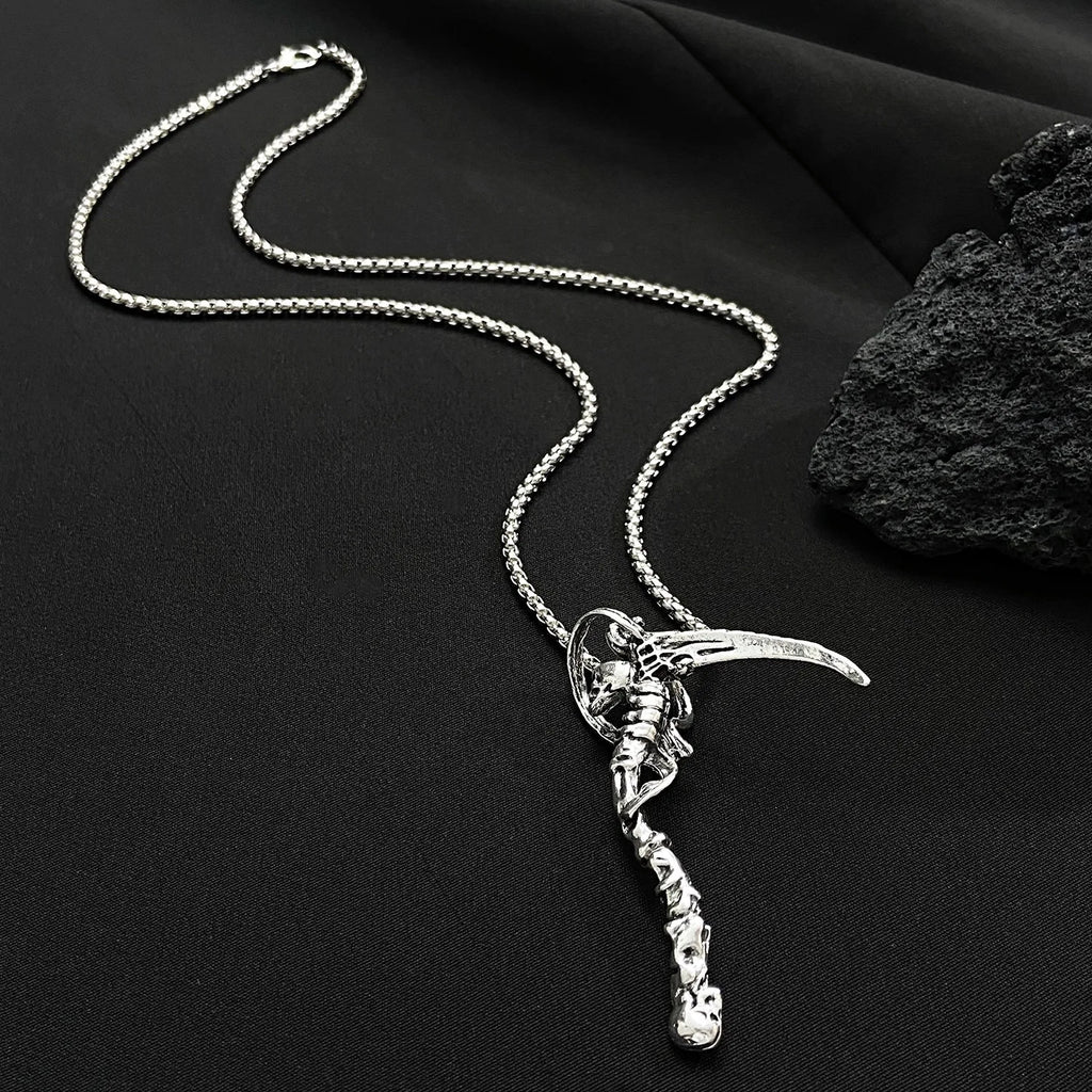 Gothic Death Scythe Pendant Skull Demon Ghost Pendant Necklace For Men Women Punk Motorcycle Rock Halloween Party Jewelry Gifts