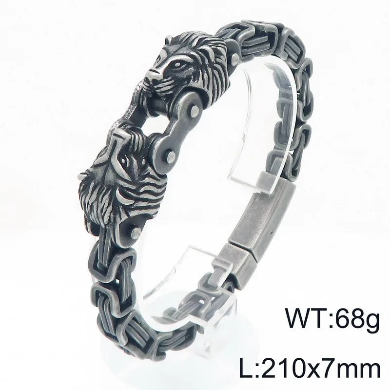 Cool 7MM Wide Men's Lion Head Link Chain Bracelet Vintage Blackened 316l Stainless Steel Bracelets Gothic Biker Jewelry