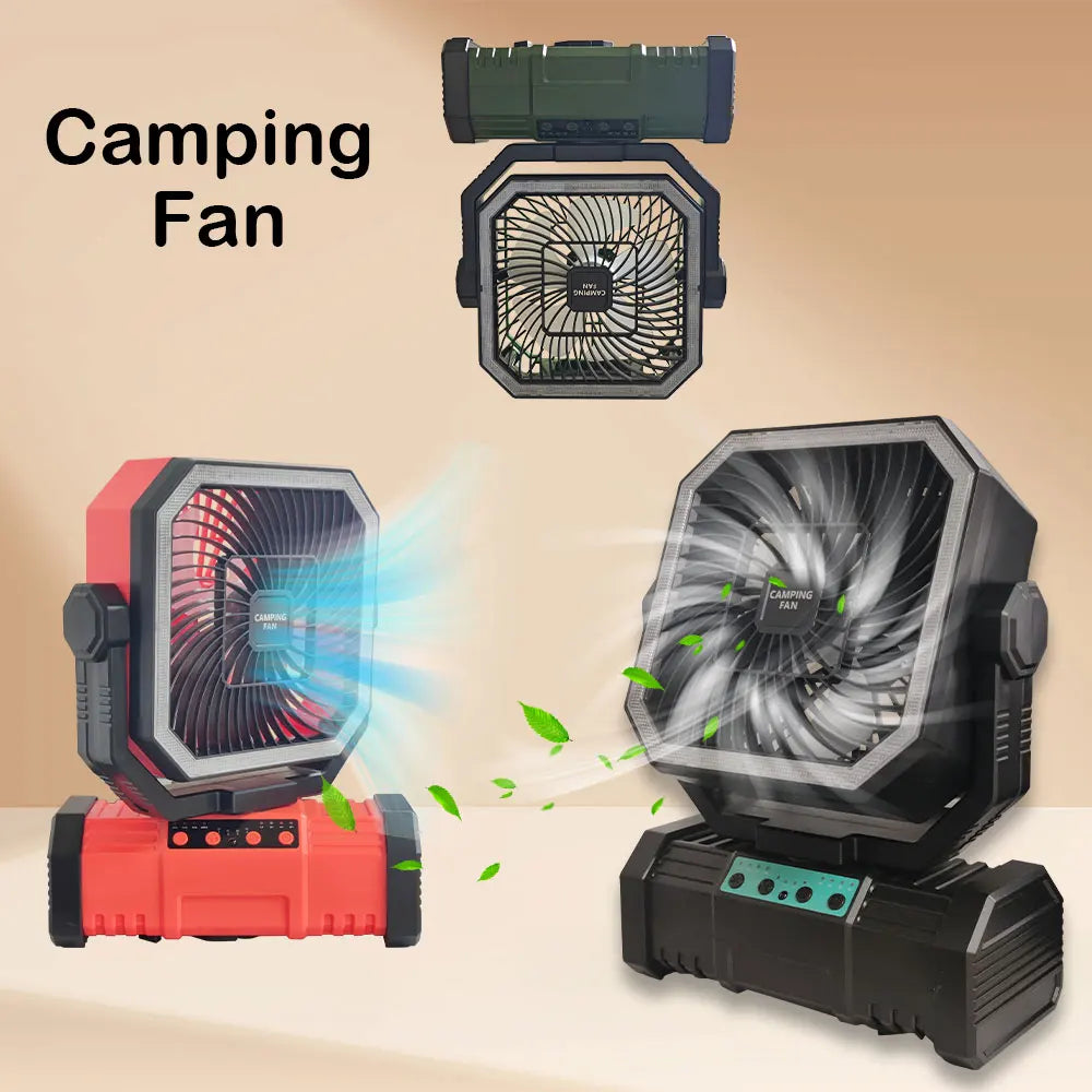 20000 mAh wireless battery-powered camping fan with LED light and remote control, 4 speeds, timer function, USB