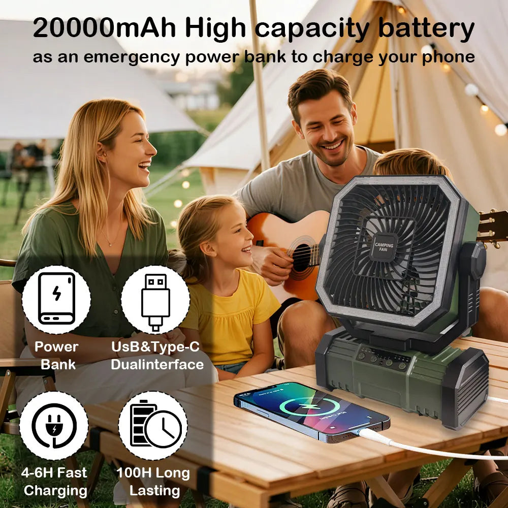 20000 mAh wireless battery-powered camping fan with LED light and remote control, 4 speeds, timer function, USB