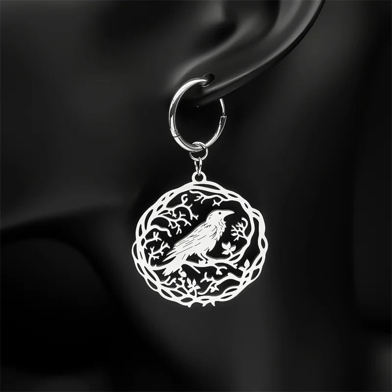 Tree Of Life Steel Earrings Gothic Crow Bird Dangle