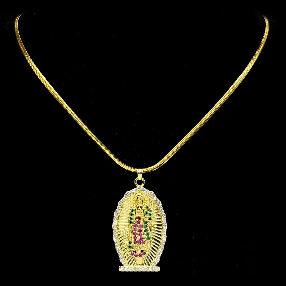 Catholic Virgin Mary Zircons Copper Pendant Necklace for Women Men Stainless Steel Gold Color Our Lady of Guadalupe