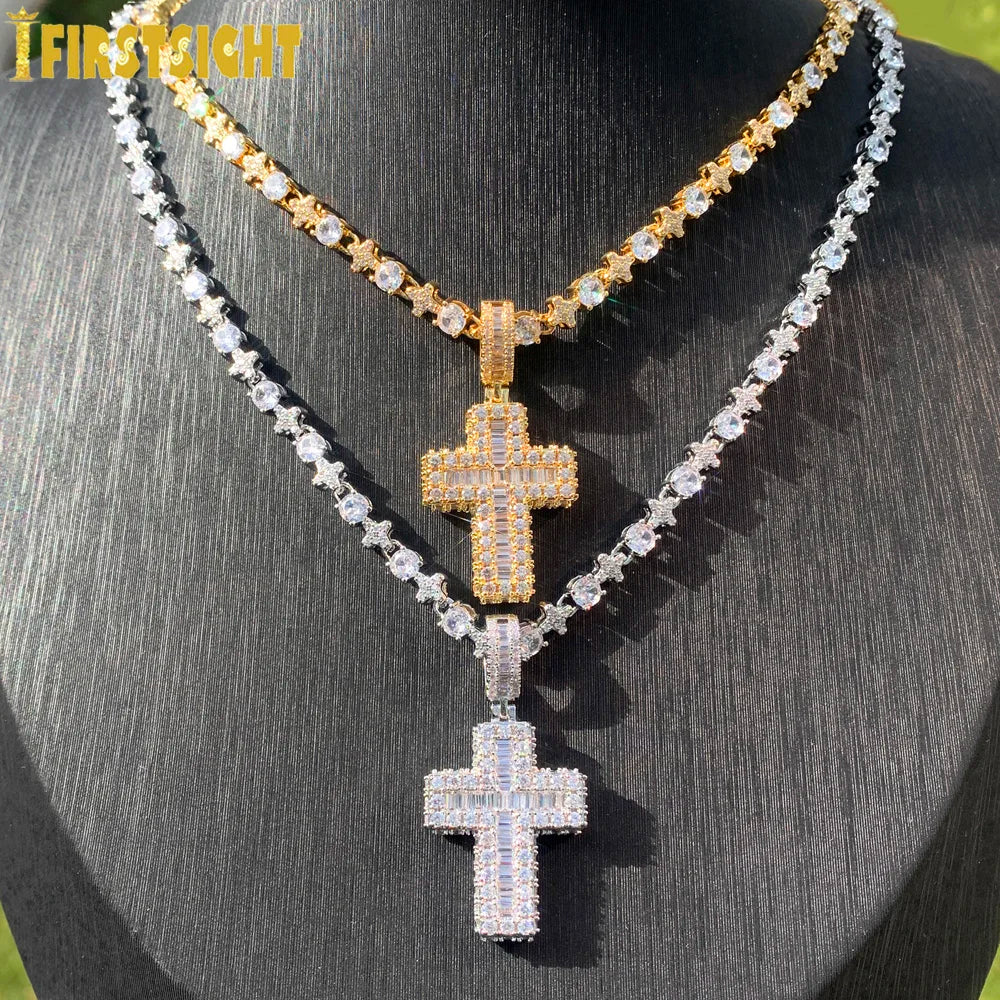 New Cross Pendant Tennis Star Link Chain Necklace for Men Women Iced Out Silver Color Cubic Zirconia Charm Hip Hop Jewelry