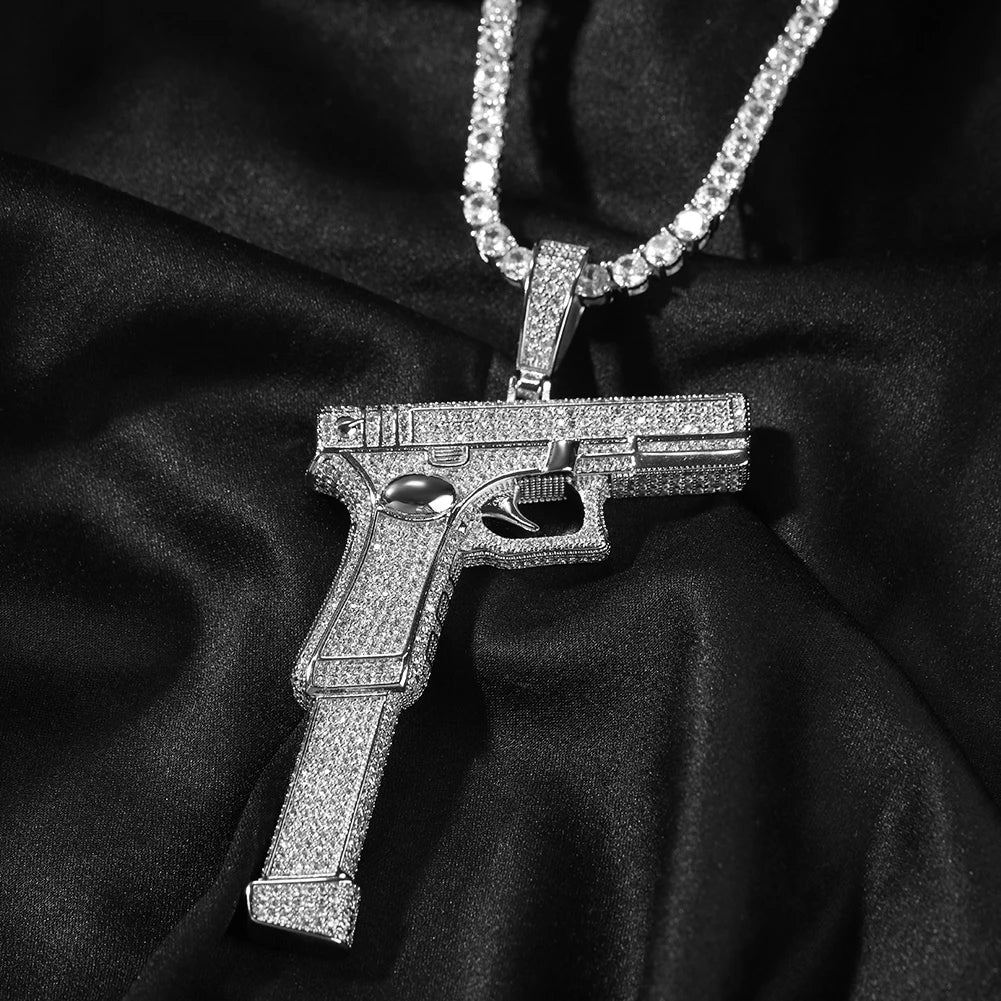 THE BLING KING Iced Out Full Zirconia Large Size Pistol Gun Pendant Necklace Punk Hip Hop Mens Rapper Shiny Party Jewelry Gift
