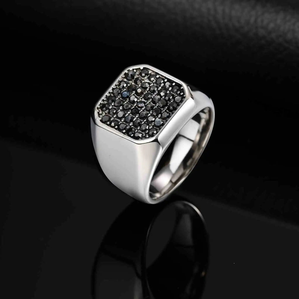 Iced Out Black Zircon Signet Ring — Stainless Steel
