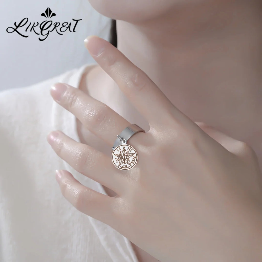 Tetragrammaton Solomon 21 Pentagram Ring Stainless Steel Vintage Kabbalah Witchcraft Wiccan Gift For Men Women