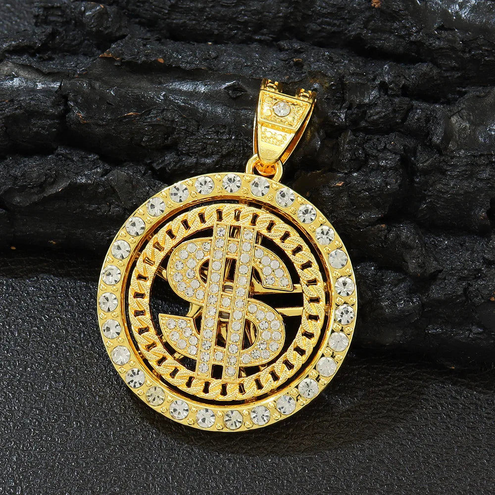 Men Hip Hop Big Rotatable US Dollar Money Sign Pendant Necklace 13mm Iced out Cuban Chain Choker Necklace Rap Rock