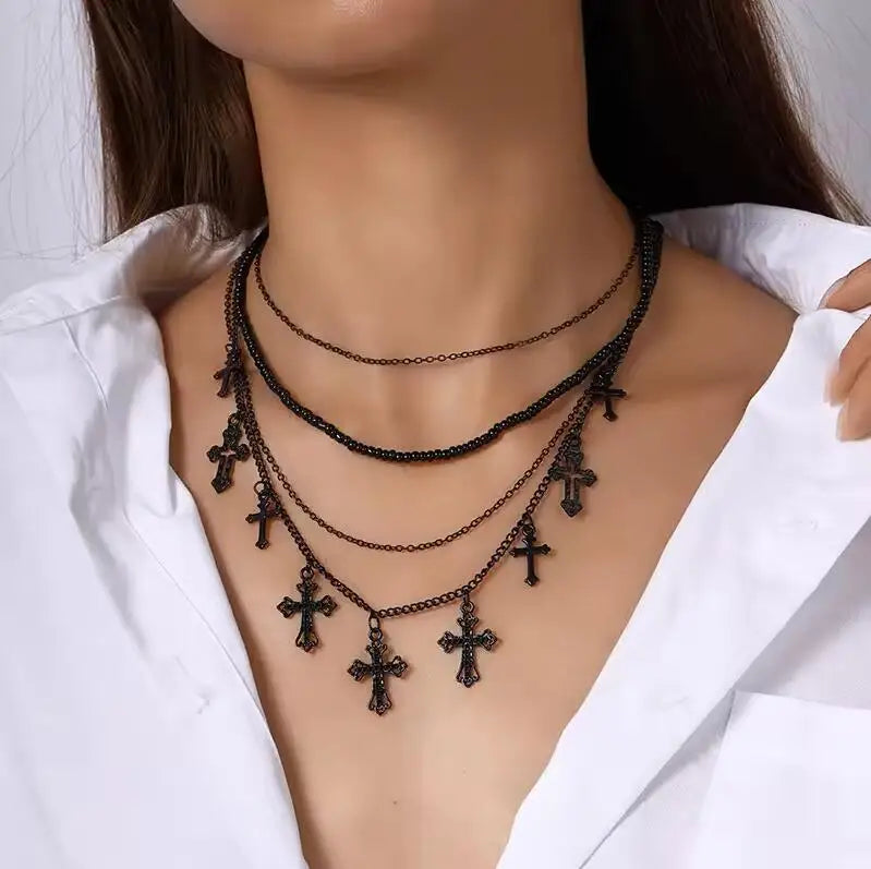 Gothic Black Cross Necklace for Women Men Metal Punk Choker Necklaces Handmade Party Jewelry Accessories