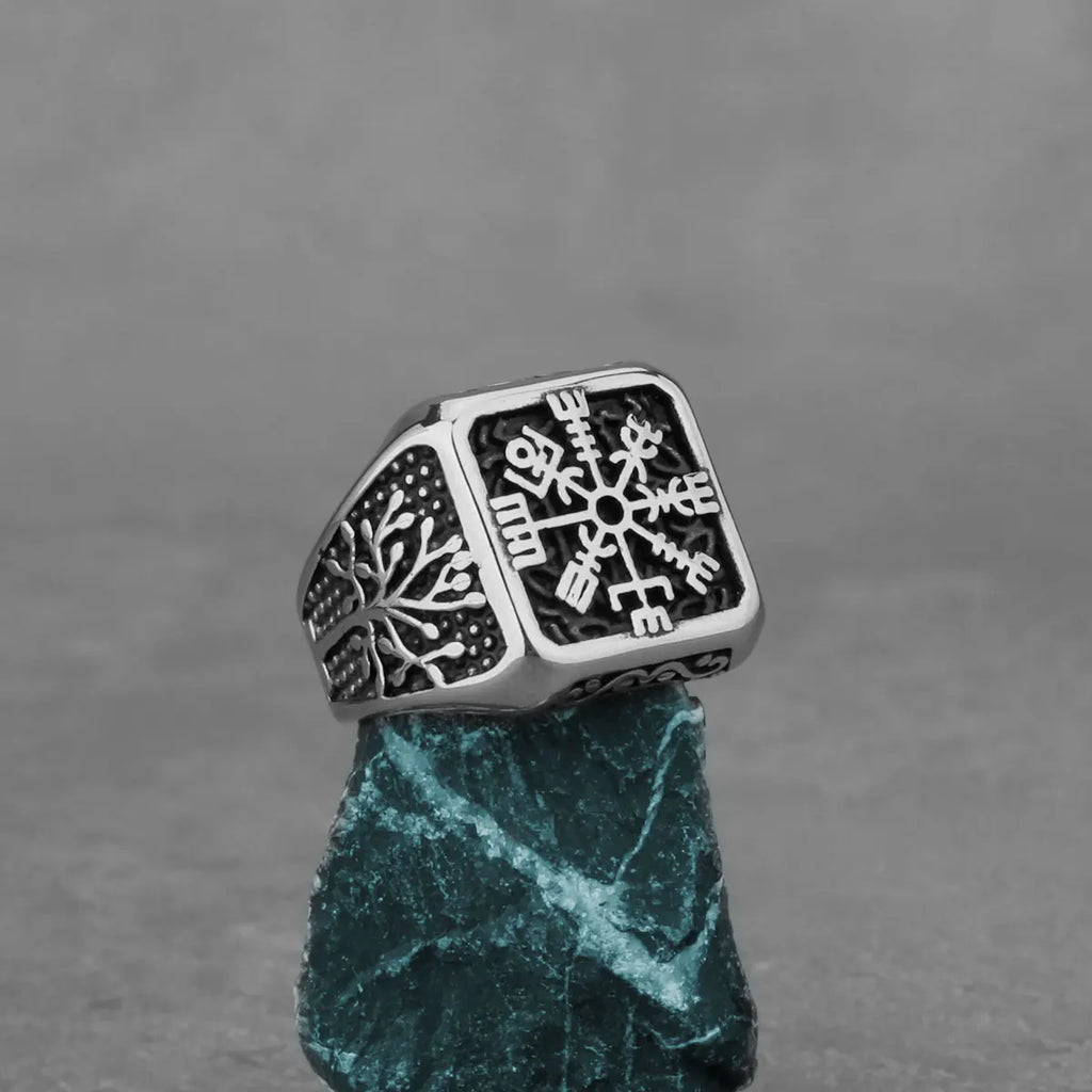 Vintage Viking Helm of Awe and Tree of Life Ring Men's Rune Statement Nordic Vikings Totem  Biker Ring Stainless Steel Jewelry