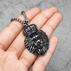 Crown Lion Head Pendant Necklace — Box Chain, Stainless Steel